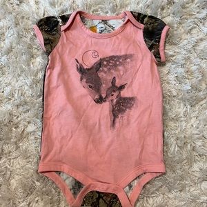 Girls pink and camo Carhartt onesie with deer on front
